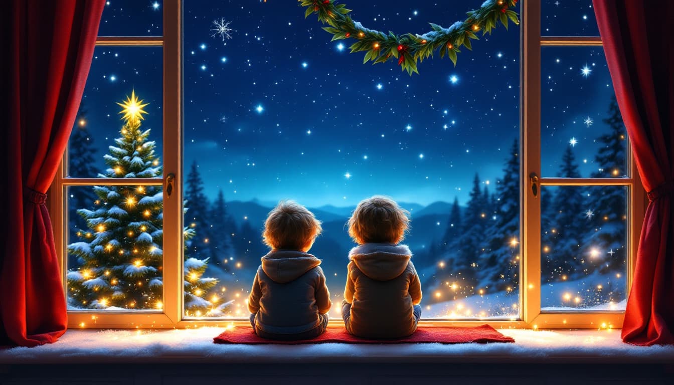 AI generated: Christmas eve, two children sitting on window sill, starry night sky, magical atmosphere, Christmas ...