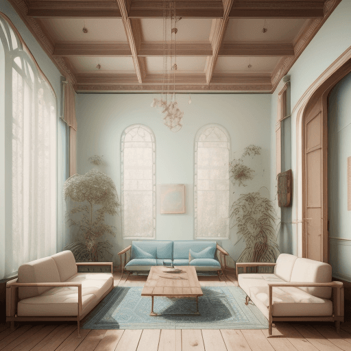 AI generated: High resolution photography interior design, dreamy sunken living room conversation pit, wooden floo...