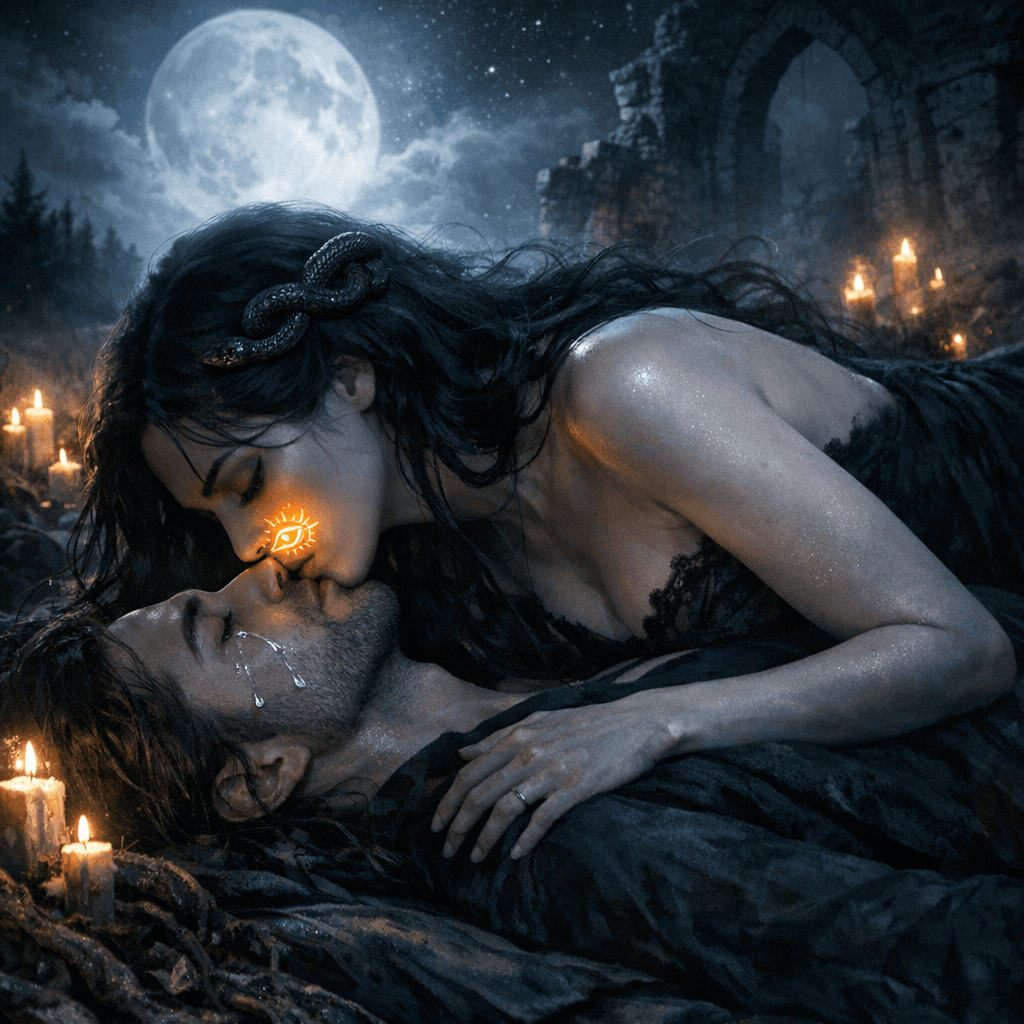 AI generated: 4K, image. 
She came to me with a serpent's kiss
As the Eye of the Sun rose on her lips.
Moonlight c...