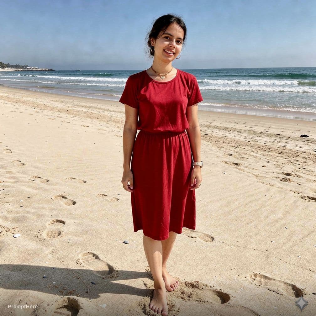 AI generated: create this model to be in beach with red bikini remove the high heels 