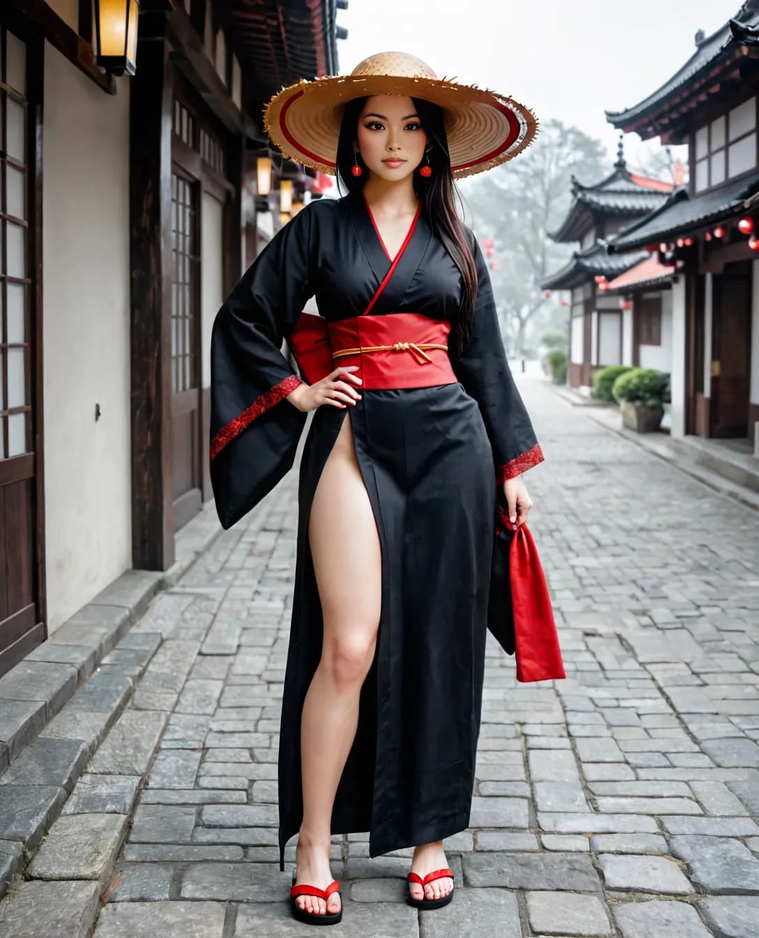 AI generated: Full-body portrait of a confident female samurai in a stylized modern‑kimono: standing on a stone st...
