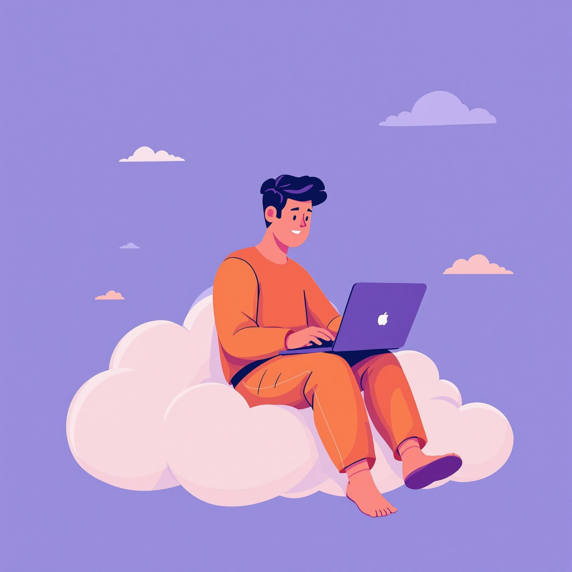 AI generated: A flat, modern digital illustration of a young person sitting on a soft, stylized cloud, working on ...