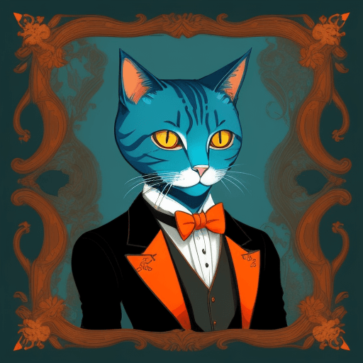 AI generated: illustration of an gentleman cat, in the style of 2d game art, cyan and orange, 32k uhd, necropunk, ...