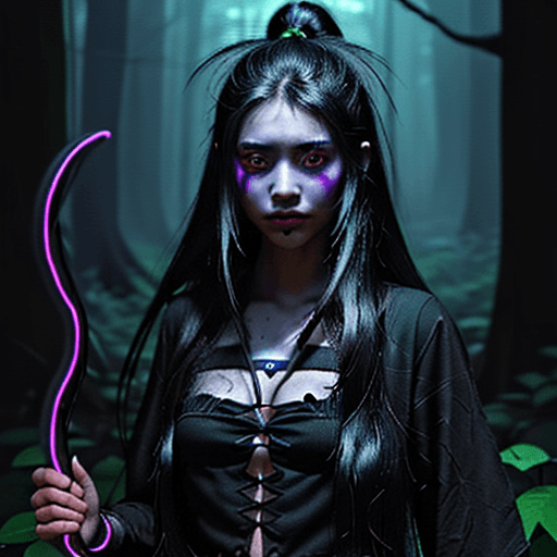 AI generated: a girl in a dark forest, neon flowers, dark clothes, dark hair, long hair, mesoamerican, ninja, witc...