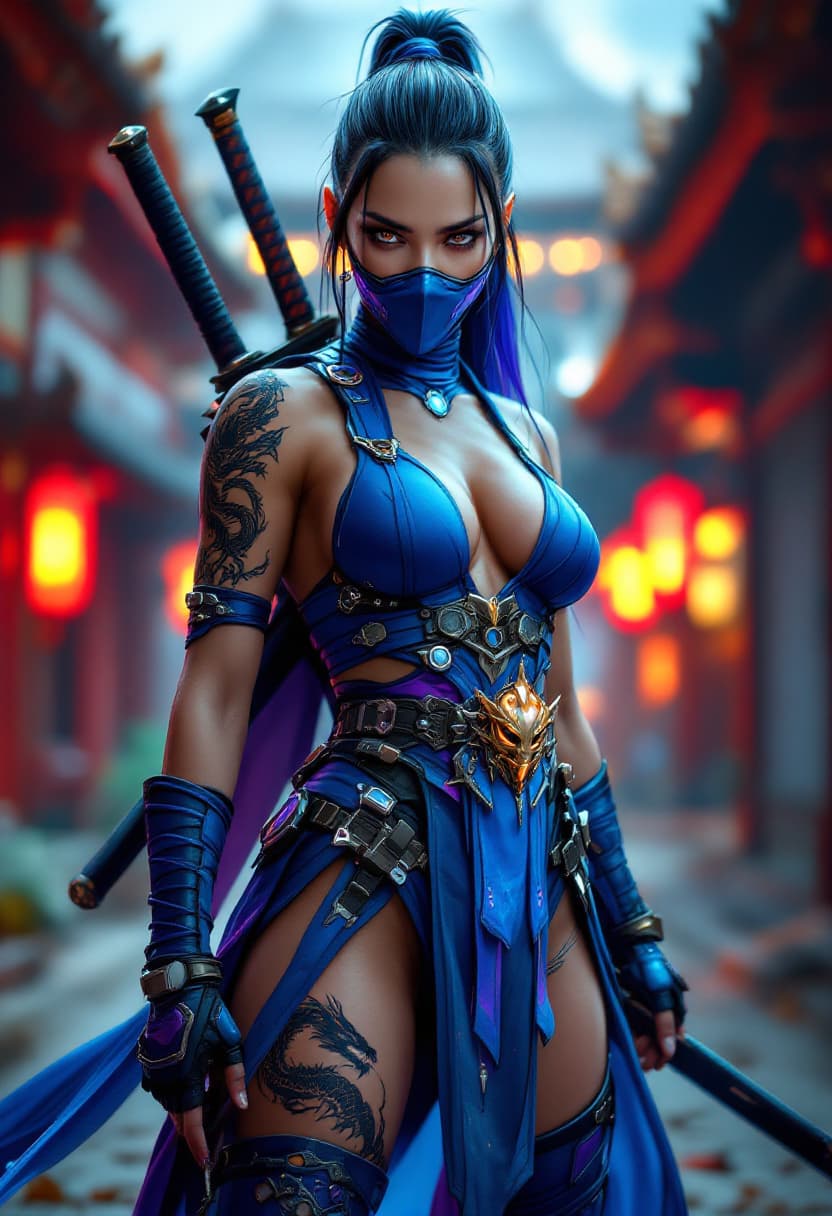 AI generated: Ultra-realistic cyberpunk Kitana, Mortal Kombat character, wearing intricate warrior suit, blue with...