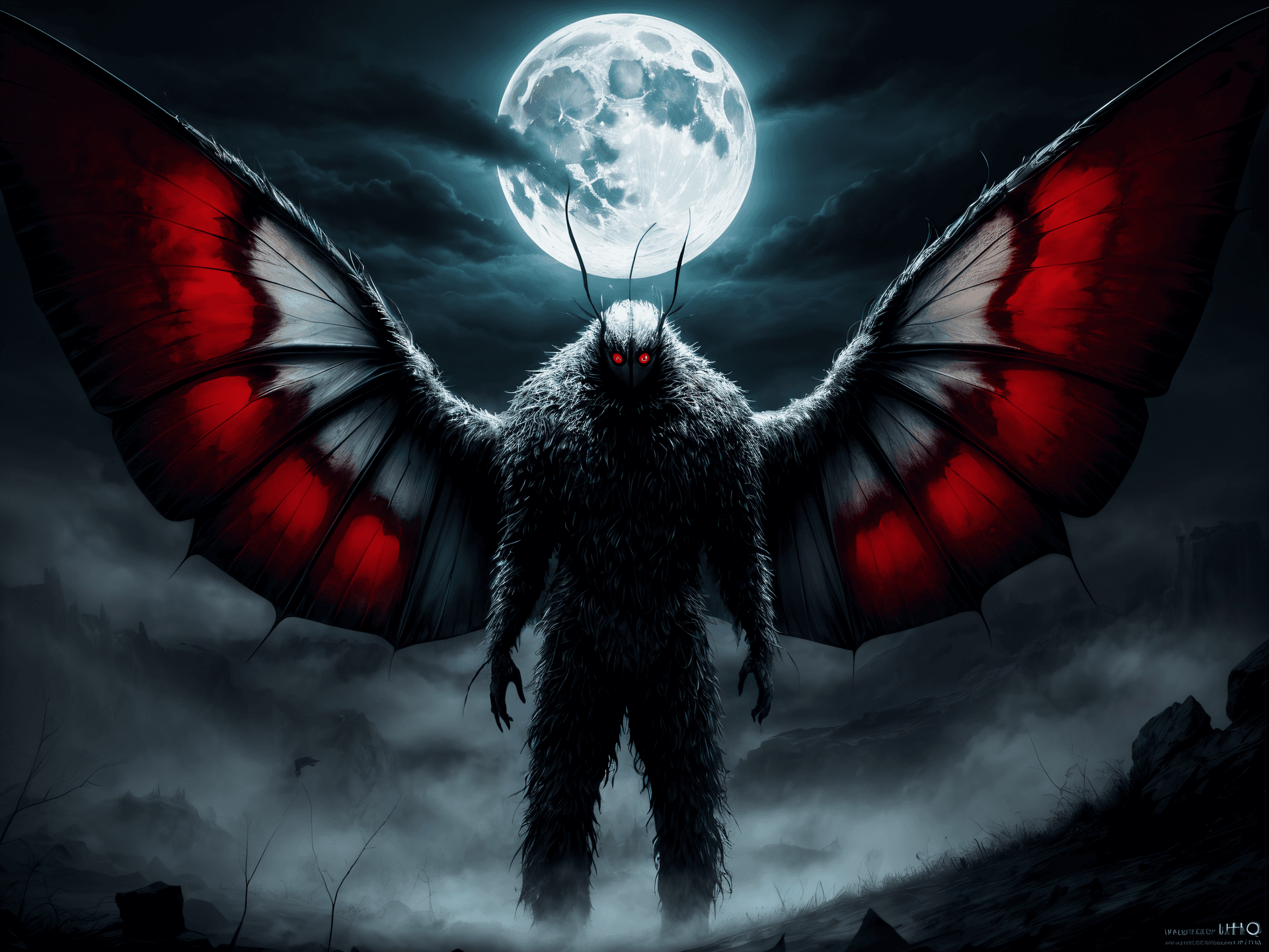 AI generated: (Masterpiece, Award winning, Highest Quality:1.2) full body shot, (Mothman:1.1), moth wings, glowing...