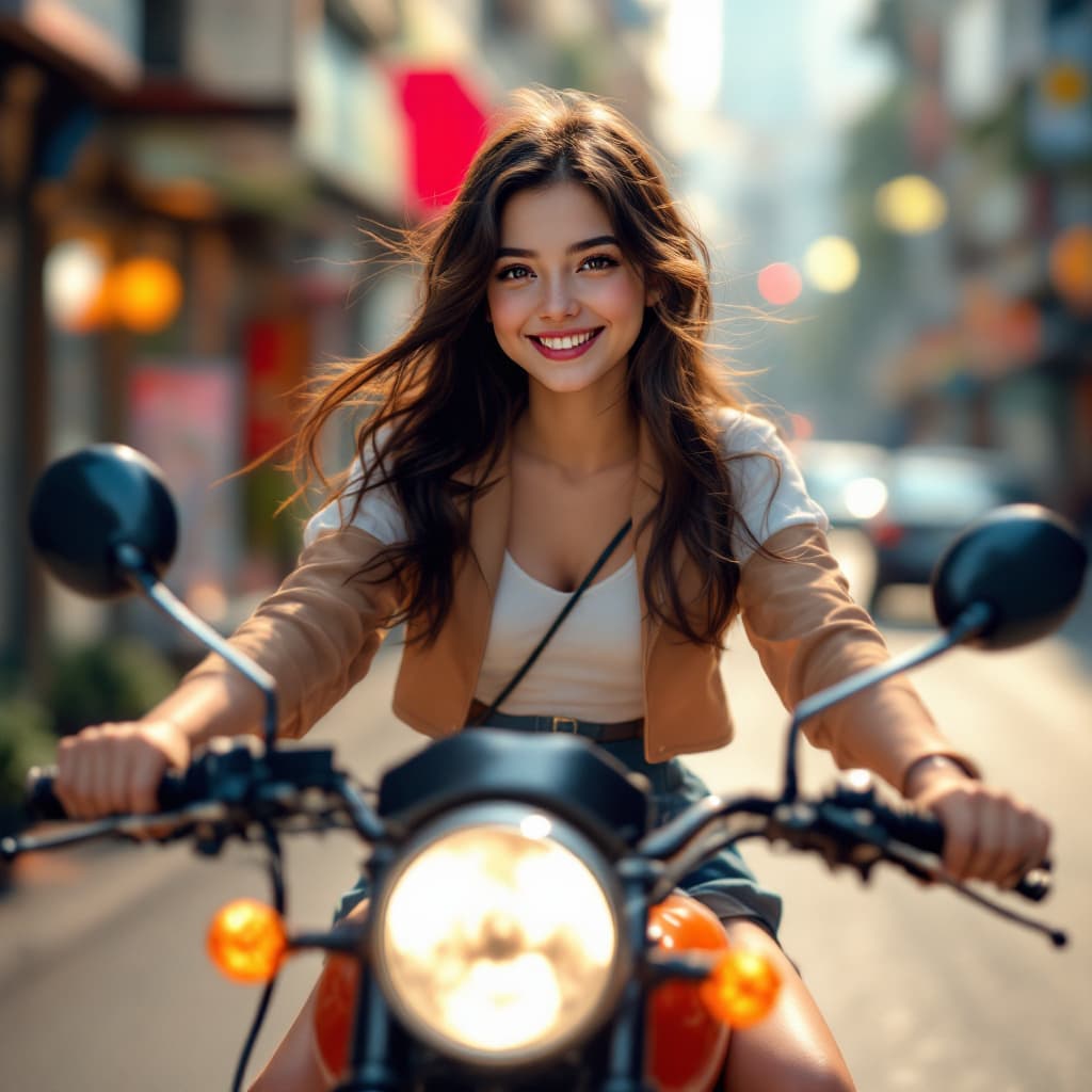 AI generated: cute girl ,l from school, wearing mini skirt ,riding a motorbike in the streets, realistic, 3d, UHD,...