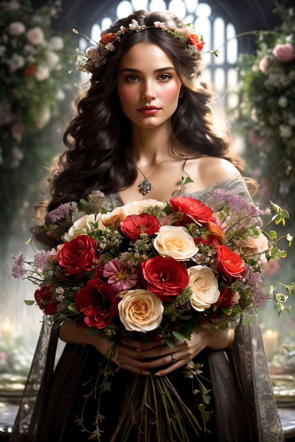 AI generated: portrait of a beautiful mysterious woman holding a bouquet of flowing flowers, hands hidden under th...