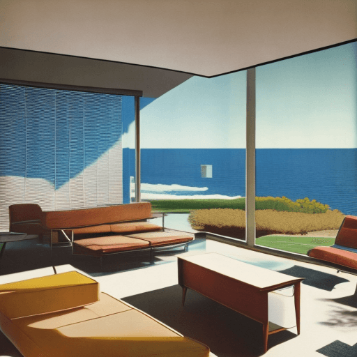 AI generated: Hyper realistic eye level exterior photo of a mid century modern style house overlooking the ocean, ...