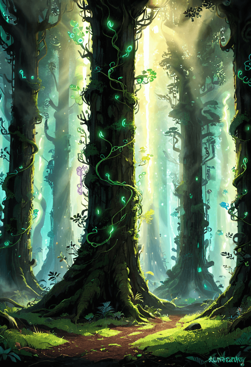 AI generated: anime artwork <lora:xl_more_art-full_v1:1>,<lora:DreamARTSDXL:1>,A surreal forest of towering biolum...