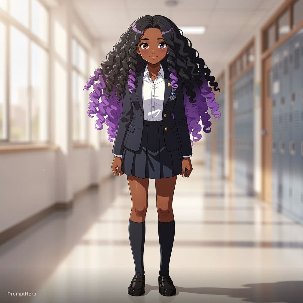 AI generated: A beautiful black girl, wearing a high school uniform. She has curly long hair, half black and half ...