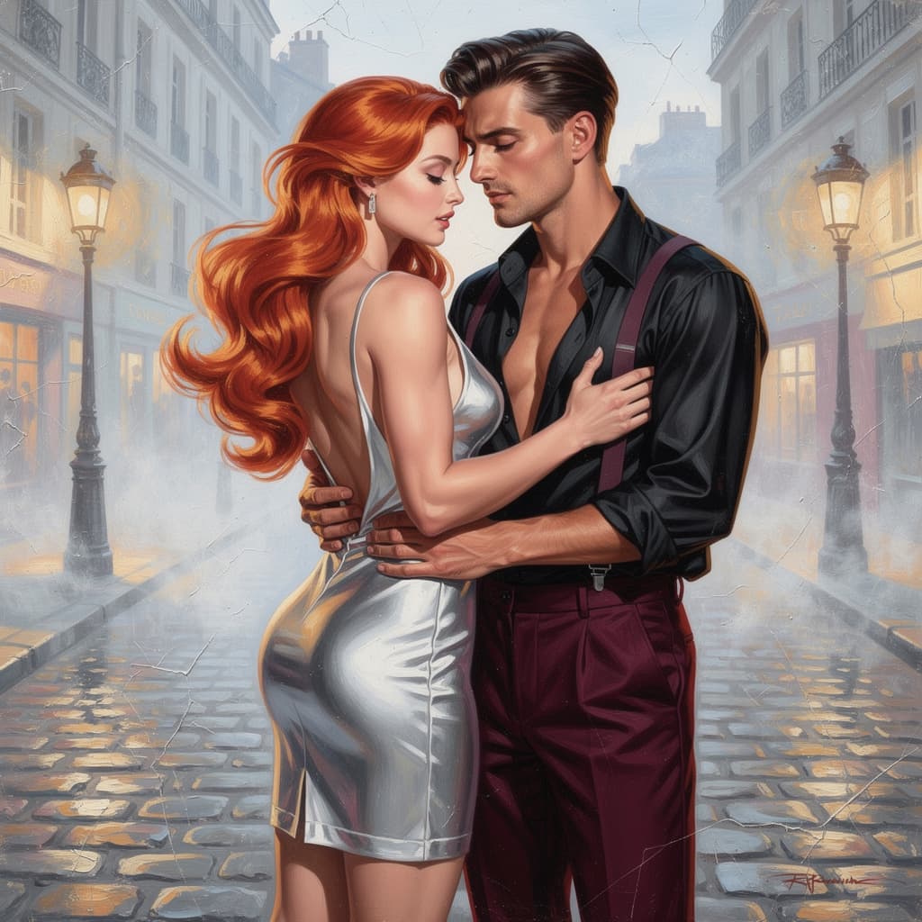 AI generated: Tamara de Lempicka’s cinematic oil painting, romantic Parisian street in spring twilight, dreamy whi...