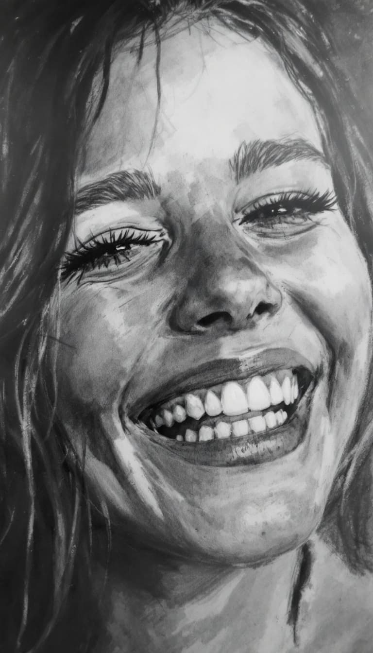 AI generated: Girl, charcoal sketch, laughing