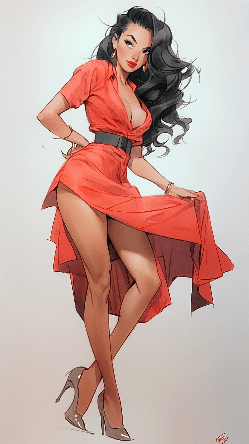AI generated: Hyperrealism watercolored pencil Amazing epic female, full body dynamic pose, pin up, wearing a penc...