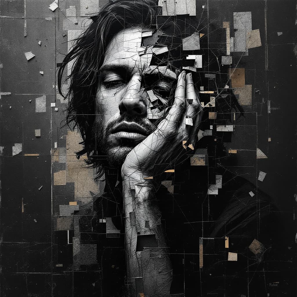 AI generated: abstract, broken man, an outcast, in the style of multi-layered collages, edgy street art, solitude,...