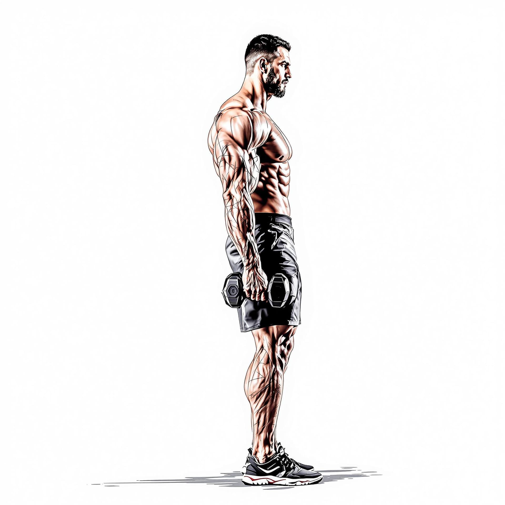 AI generated: side view of bodybuilder standing, lifting a dumbbell while looking at the camera
