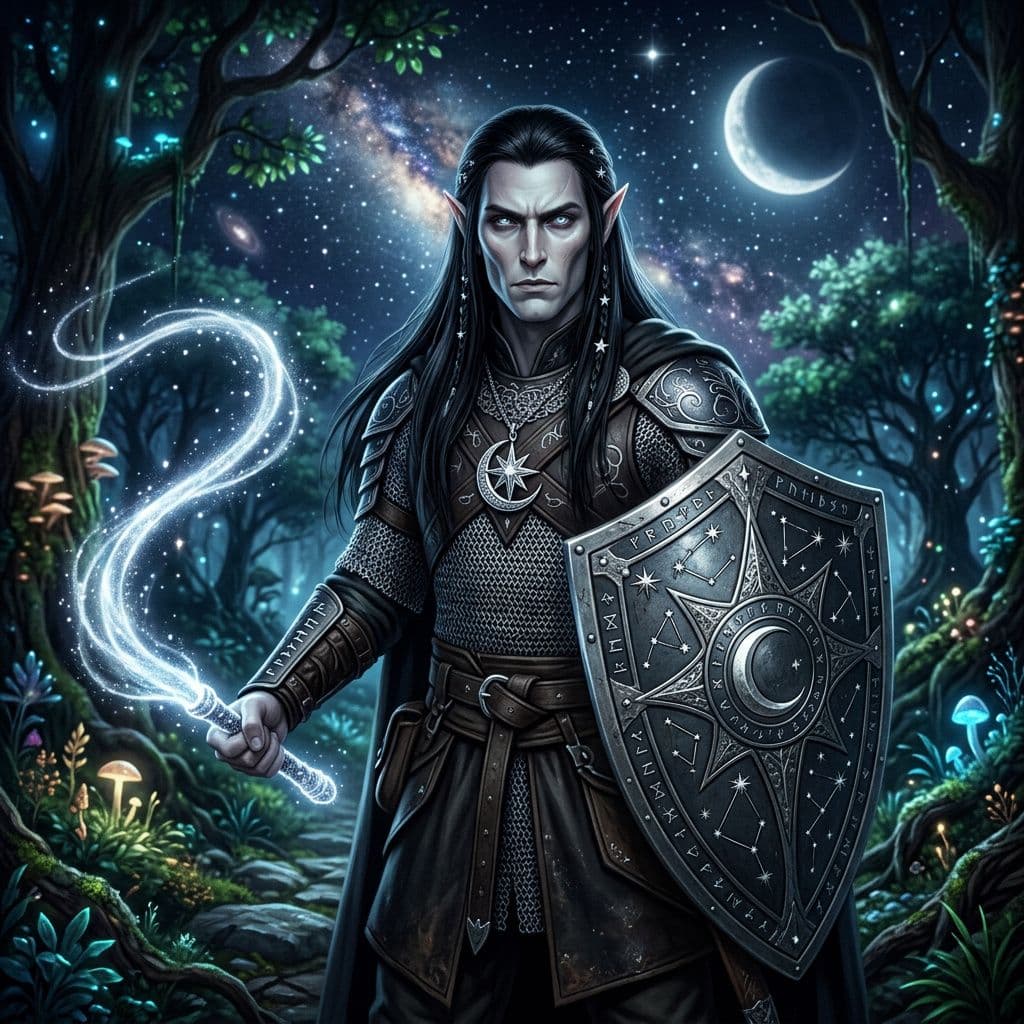AI generated: realistic portrait of an elegant male astral elf, slightly glowing pale skin, long straight black ha...