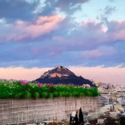 AI generated video: The city is going green with trees, flowers and various plants coming out from walls