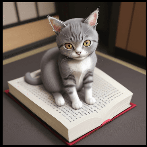 AI generated: a Cat
,5k ,gray  ,
Japanese manga style,  
cute little cat, sitting on a book
