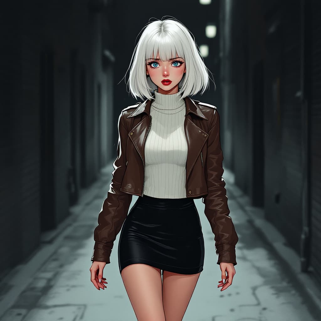 AI generated: anime, woman, white hair, bob cut, straight bangs, blue eyes, freckles, red lips, white sweater, tig...