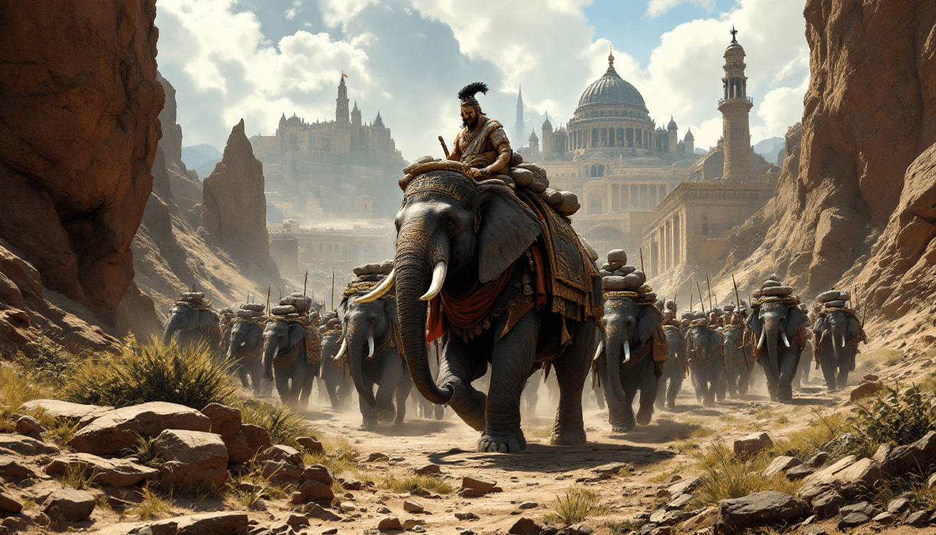 AI generated: An illustration of Hannibal  the Carthaginian general walking through the mountains  with his army t...