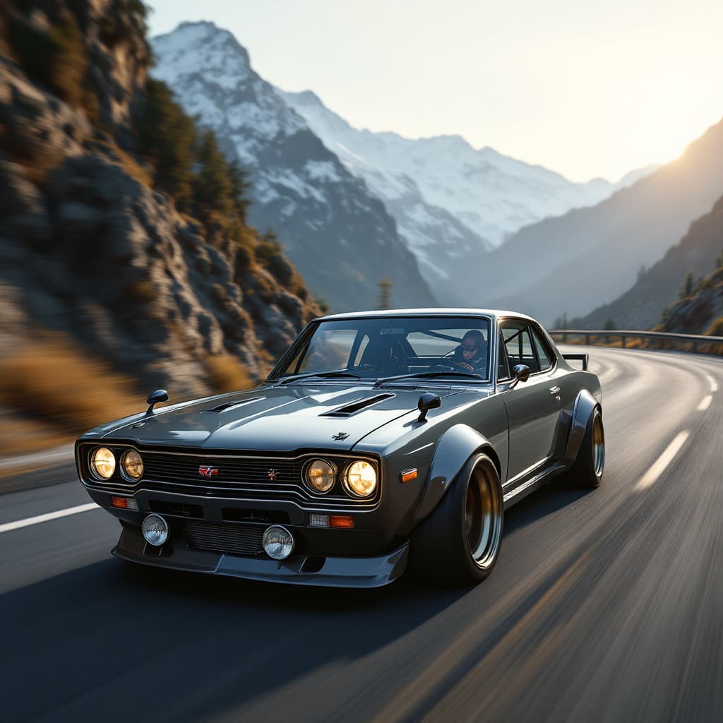 AI generated: Photo of a realistic,1969 Nissan Skyline 2000GTR sport car, car driving down a mountain road, comput...