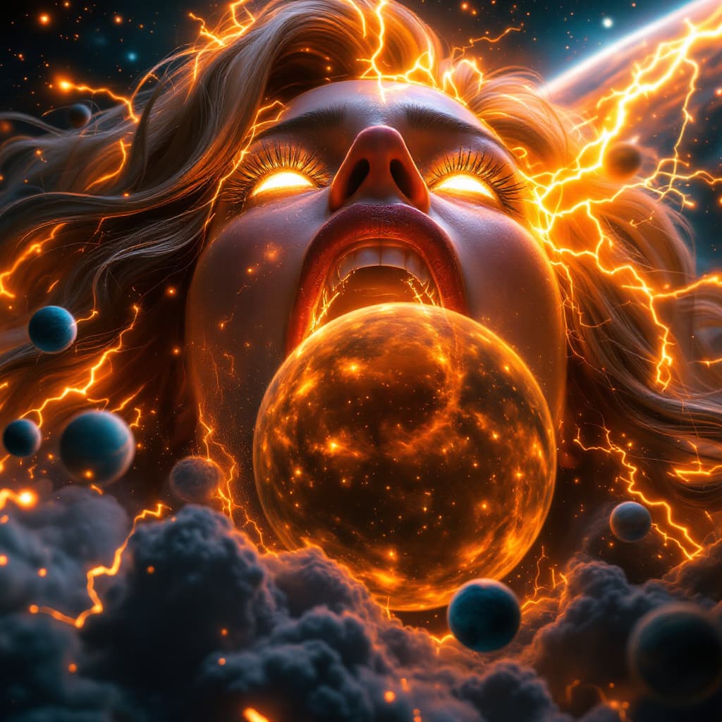 AI generated: enormous giantess captain marvel
bigger than a galaxy floating in space, minuscule planets in front ...