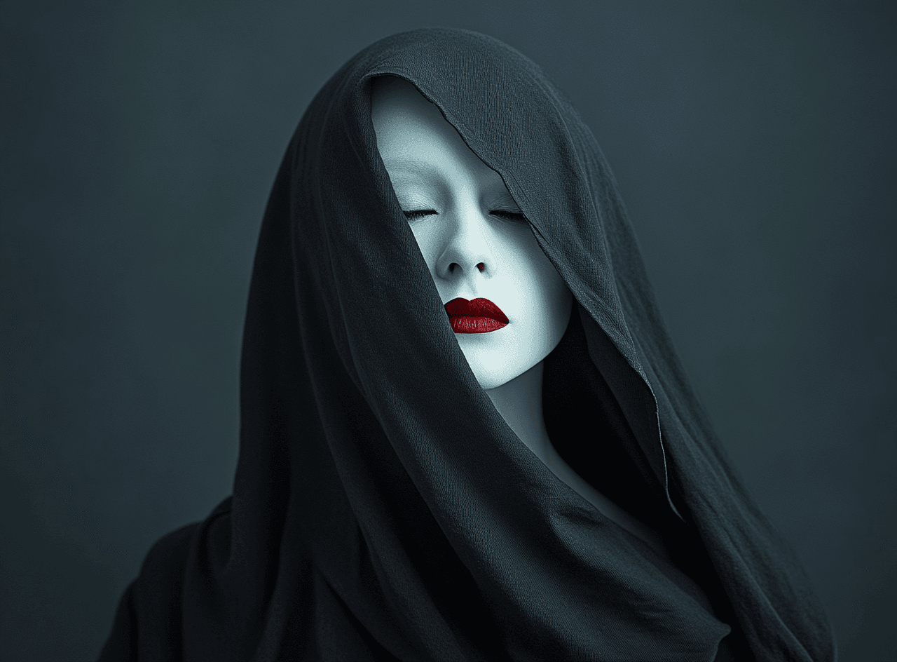 AI generated: A mysterious woman with white porcelain-like makeup, red lipstick, and a black hooded cloak. The bac...