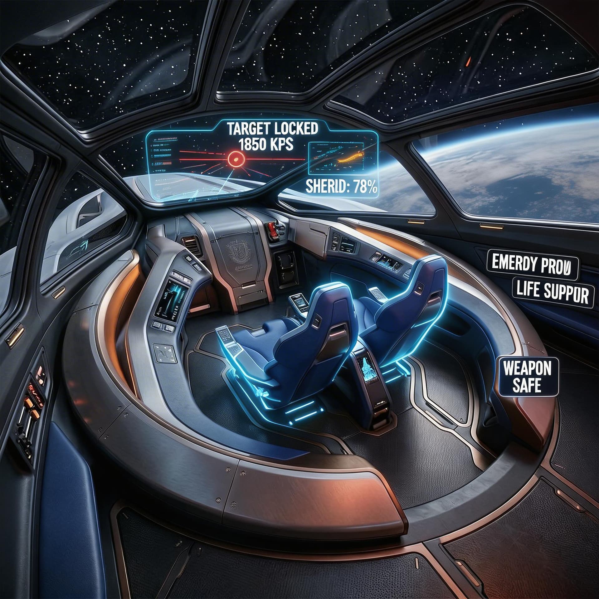 AI generated: Use the Reference Images to imagine, in detail, a Spacecraft 'C-shaped' Bridge design. Show Change i...