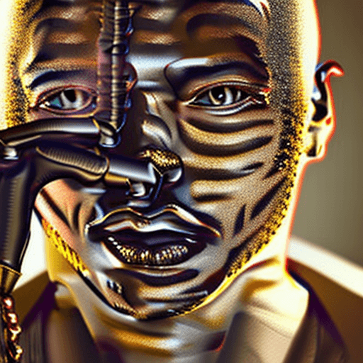 AI generated: Close up portrait of bald black man warrior in style by Ben Templesmith with glitter gold veins, hig...