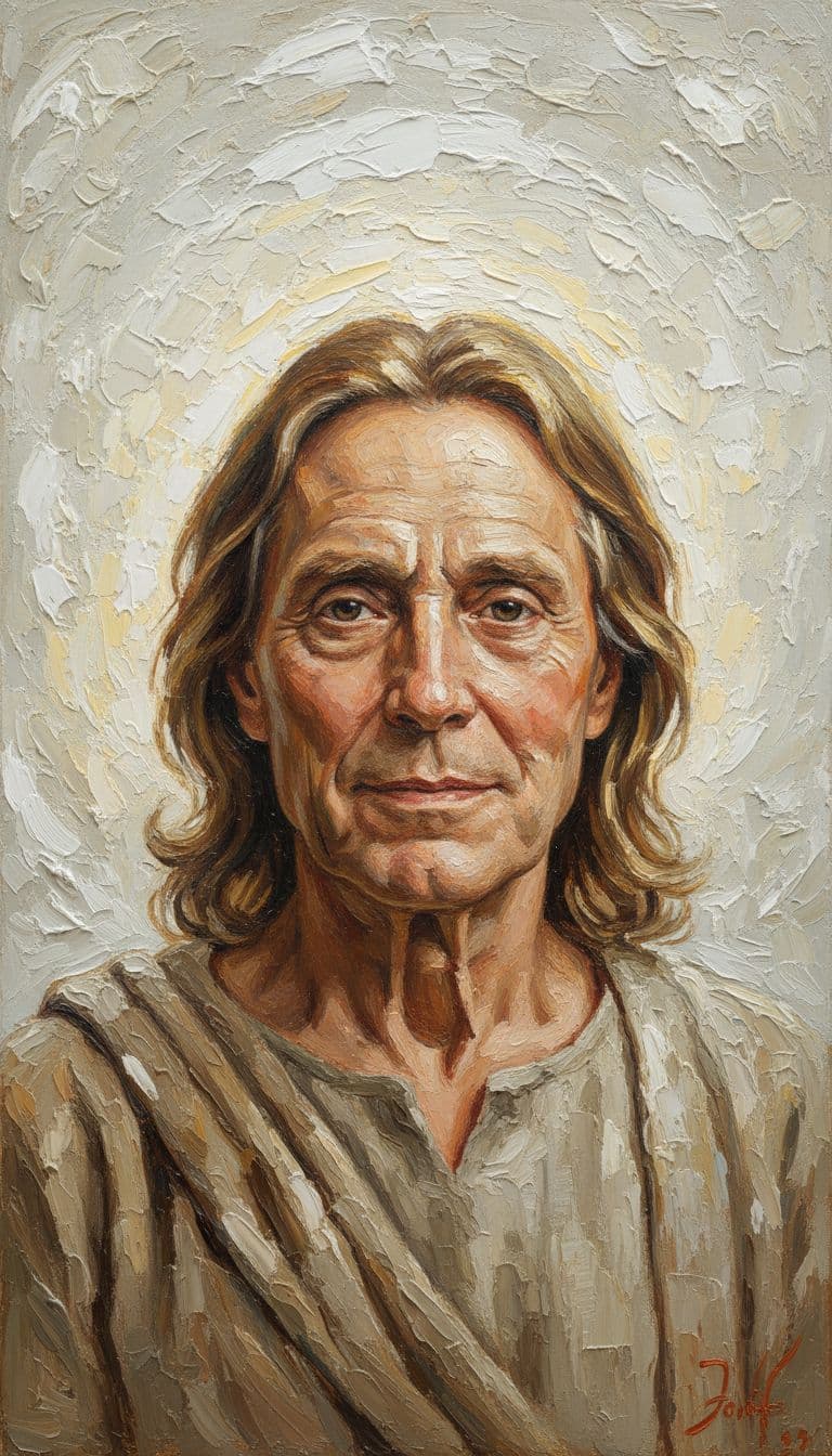 AI generated: A highly detailed oil painting in the style of Jesus with a gentle, compassionate expression and war...