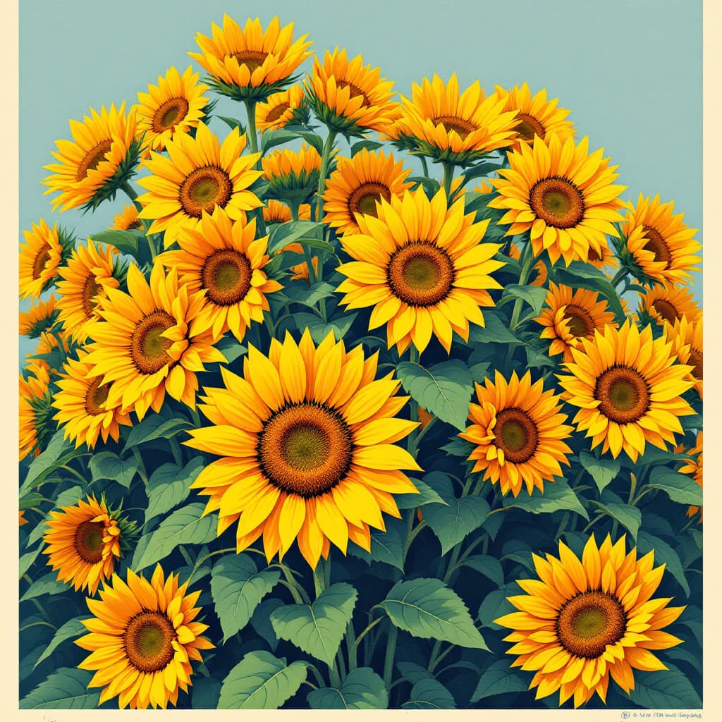 AI generated: Retro poster, vibrant, stylized pop art illustration featuring a thick and crowded bouquet of sunflo...