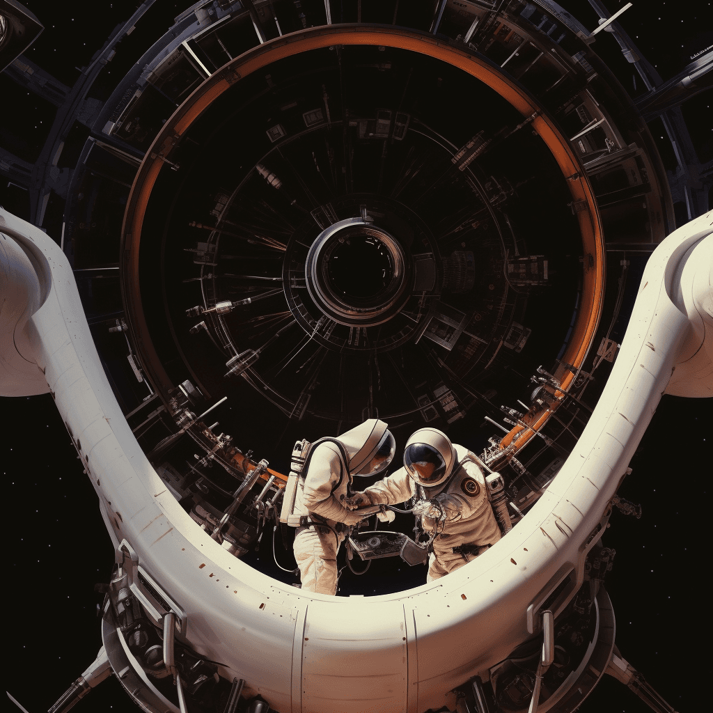 AI generated: spaceship engine repair, astronauts, space, vehicle, perfect composition, beautiful detailed intrica...