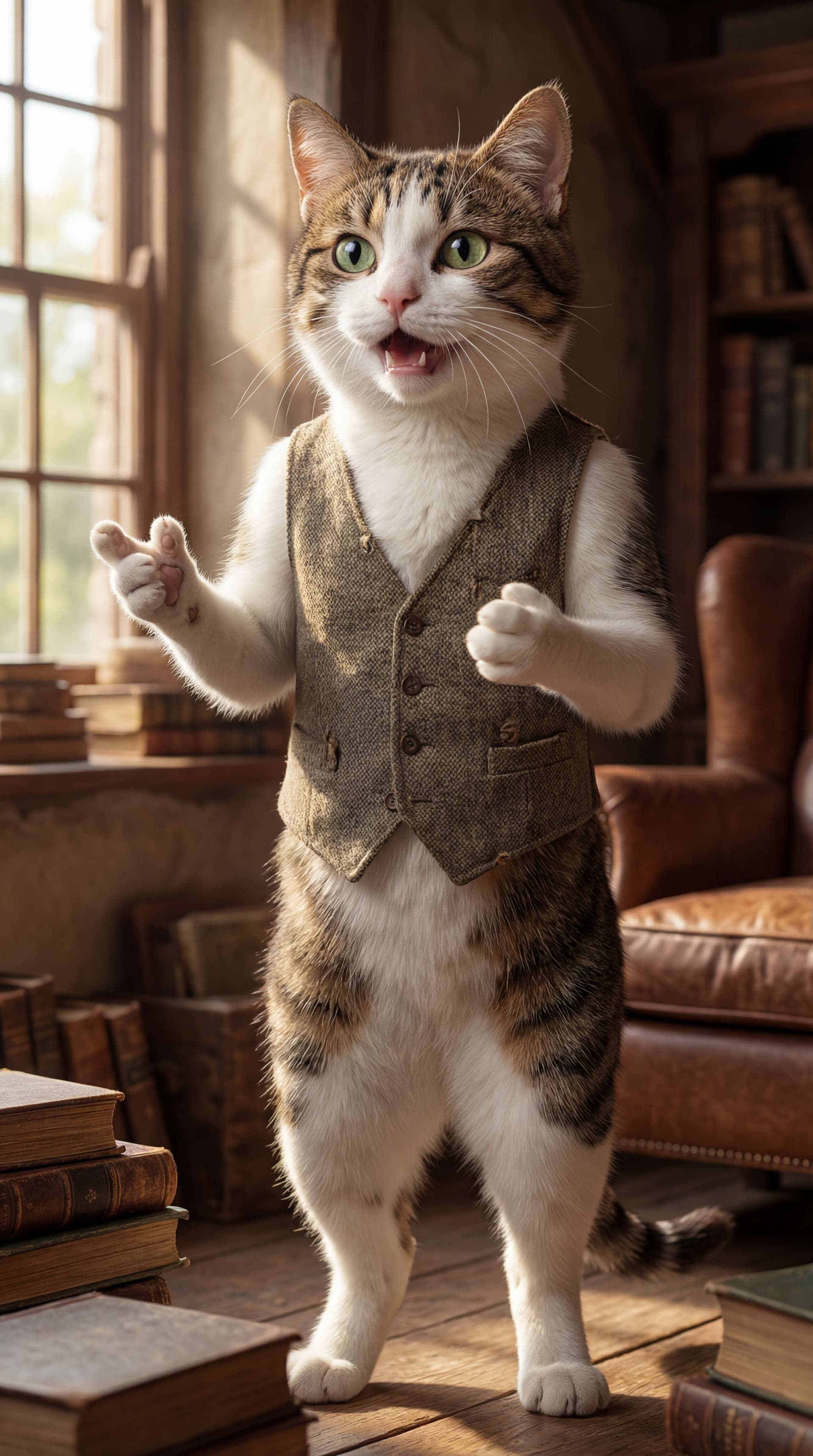 AI generated: "A cinematic shot of exact cat in reference, an anthropomorphic cat character, standing upright like...