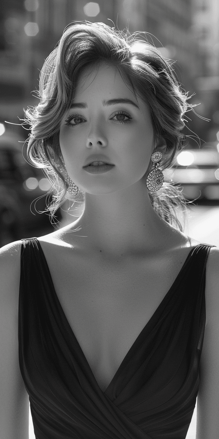 AI generated: A black and white photo of an elegant woman in the streets of New York, wearing a simple dress with ...