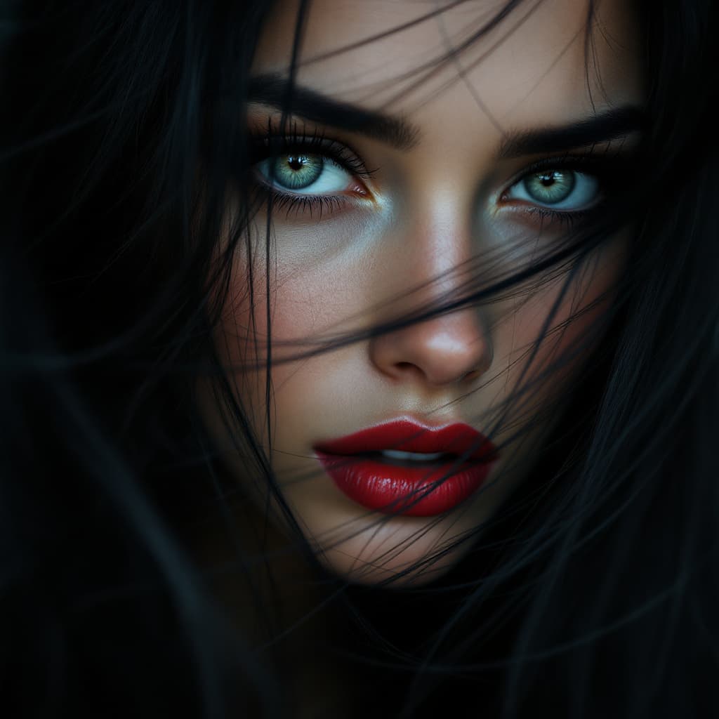 AI generated: a gorgeous woman with piercing gray siren-like eyes, long lashes, cherry red lips, and pale smooth s...