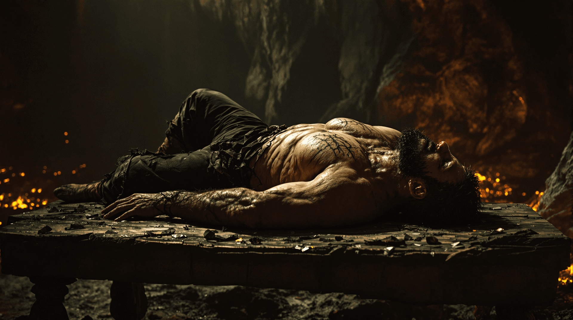 AI generated: a male worrior (bodybuilder) in fealthy and tattered black pants, sleeps on his back on a wooden tab...