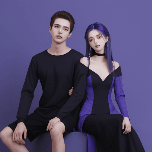 AI generated: Couple model, purple and blue background, black clothes --ar 9:16 --s 250