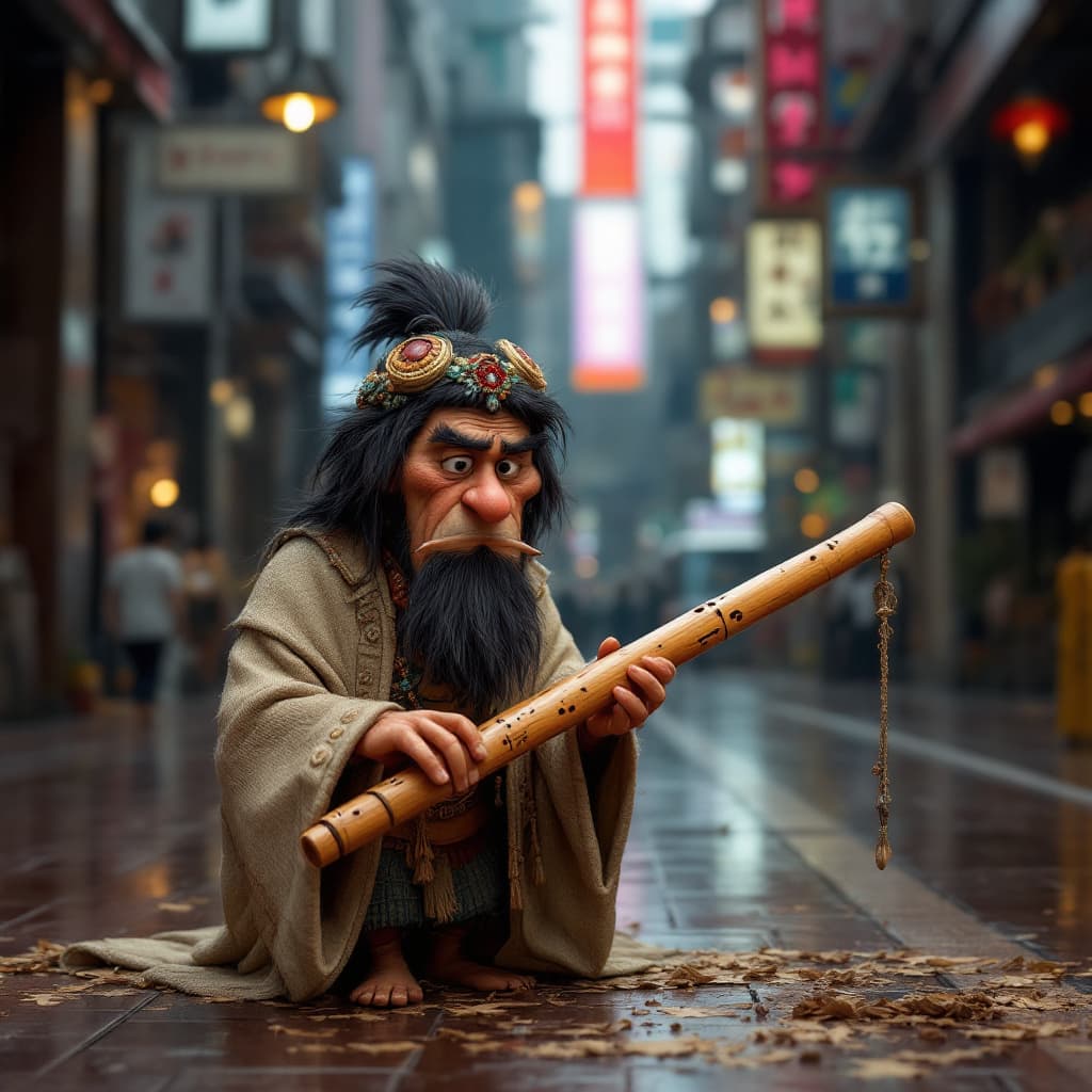 AI generated: peruvian wooden flute in an inanimated Hyperralistic indie movie poster in Tokyo