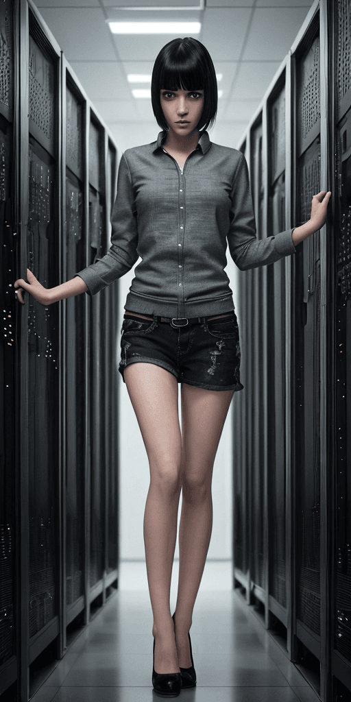 AI generated: (Full body:1) of a young girl, smart casual, hacker's server room, detailed face, ((cool facial expr...