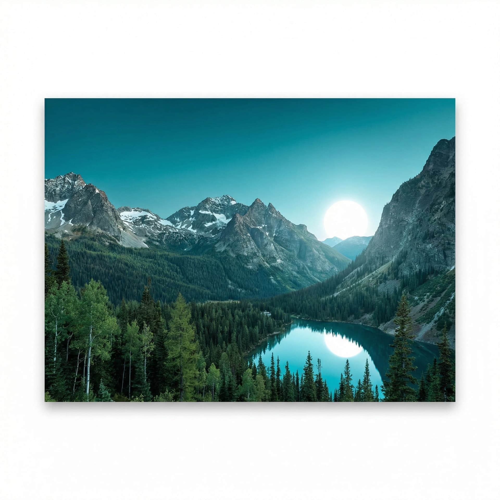 AI generated: a scenic landscape with tall mountains and trees but the sky has a more teal color and the sun is wh...