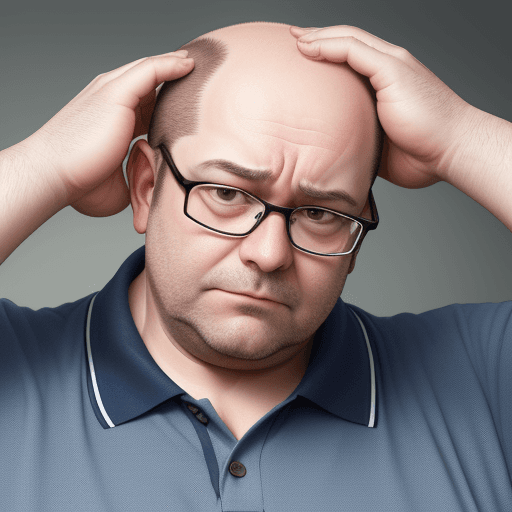 AI generated: Middle-aged man with thinning hair, wearing glasses and polo shirt, depressed at work, crying,slight...