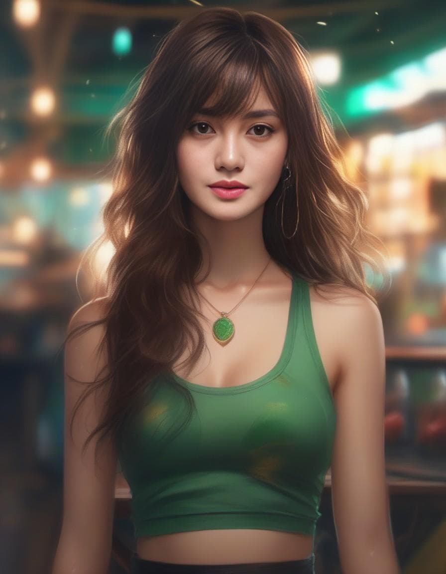 AI generated: girl with green hair highlights in tank top, long brown hair, in the style of hyper-realistic atmosp...