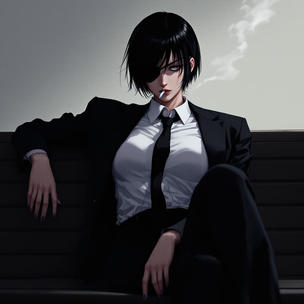 AI generated: anime ,full body portrait woman a powerful and dignified portrait ,one eyepatch, necktie, black shor...