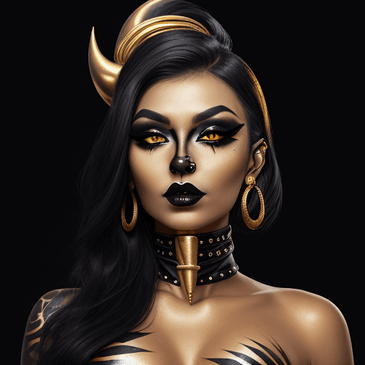 AI generated: A woman with golden skin wearing black lipstick and heavy eyeliner