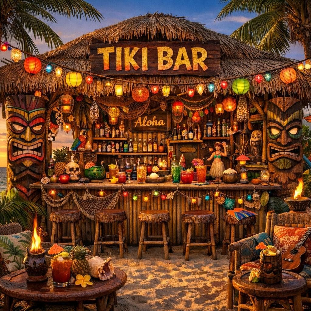 AI generated: A tiki bar on the beach with all of the decor