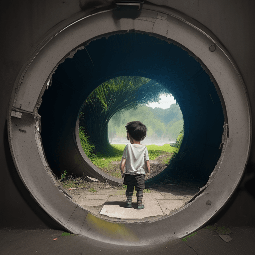 AI generated: A little boy on a dilapidated sidewalk looking through a dirty graffiti wall into a round portal, in...
