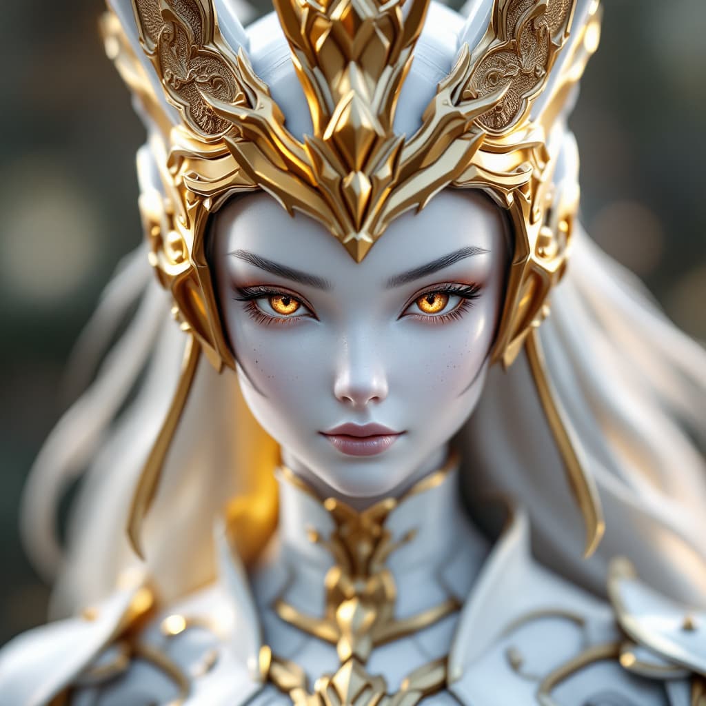 AI generated: a close up of a statue of a foxy girl with a gold and white costume, super detailed render, 3 d rend...