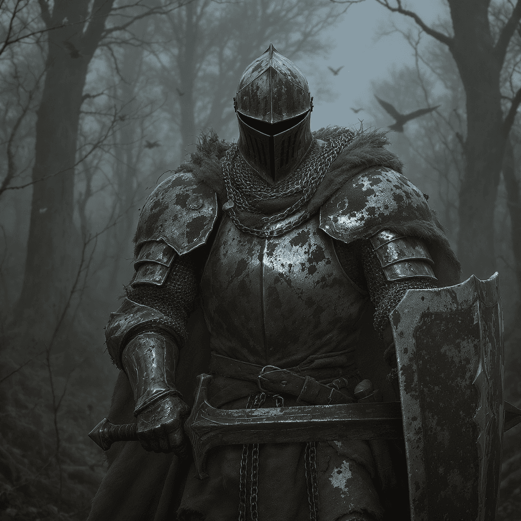 AI generated: A battle-worn medieval knight in a square great helm, wearing rugged, rusty chainmail and torn, dirt...