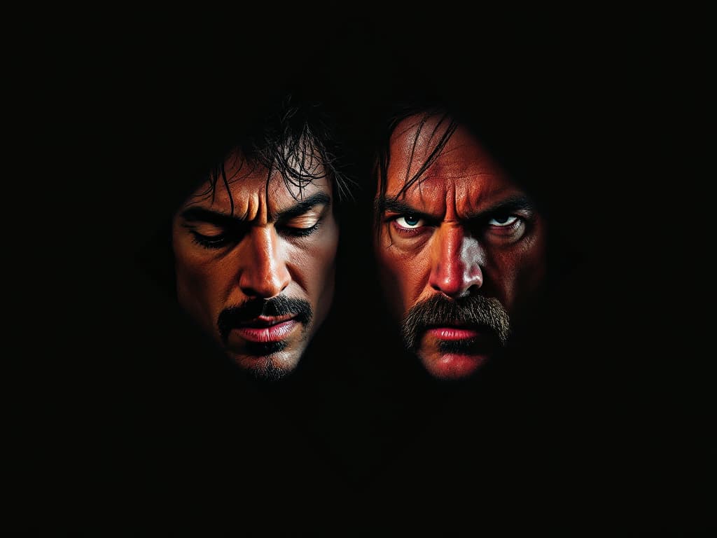 AI generated: A photorealistic depiction of a dramatic Classic Rock-inspired scene, featuring four stylized faces ...